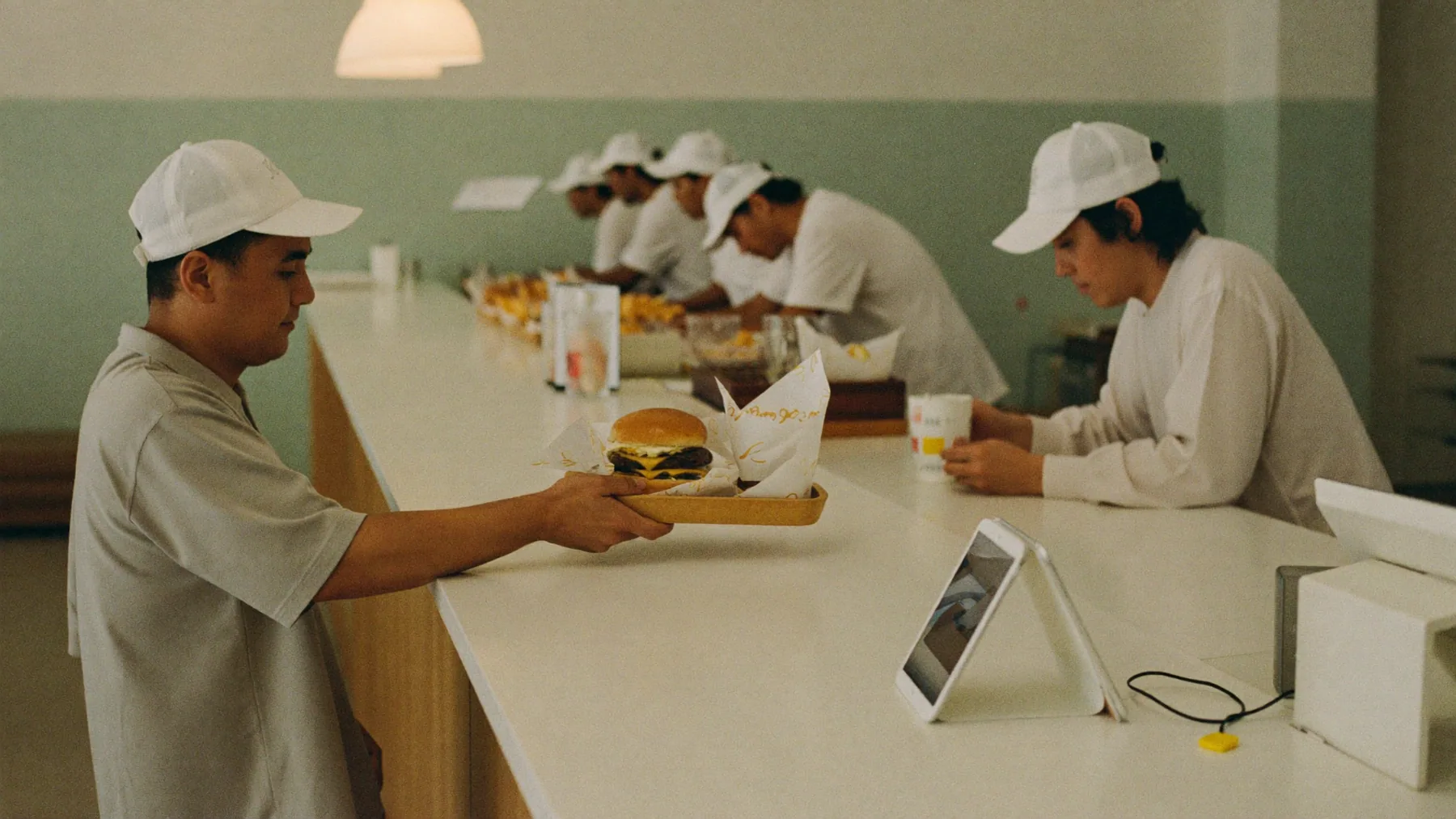 Cajero entregando una bandeja en un local de comida rápida, con la línea de producción trabajando atrás