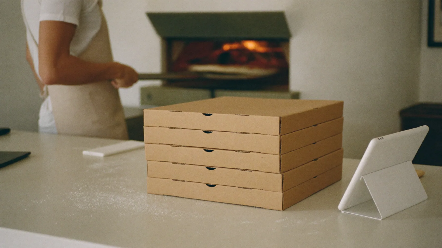 Pizzero sacando una pizza del horno de leña, con cajas apiladas y la tablet en el mostrador