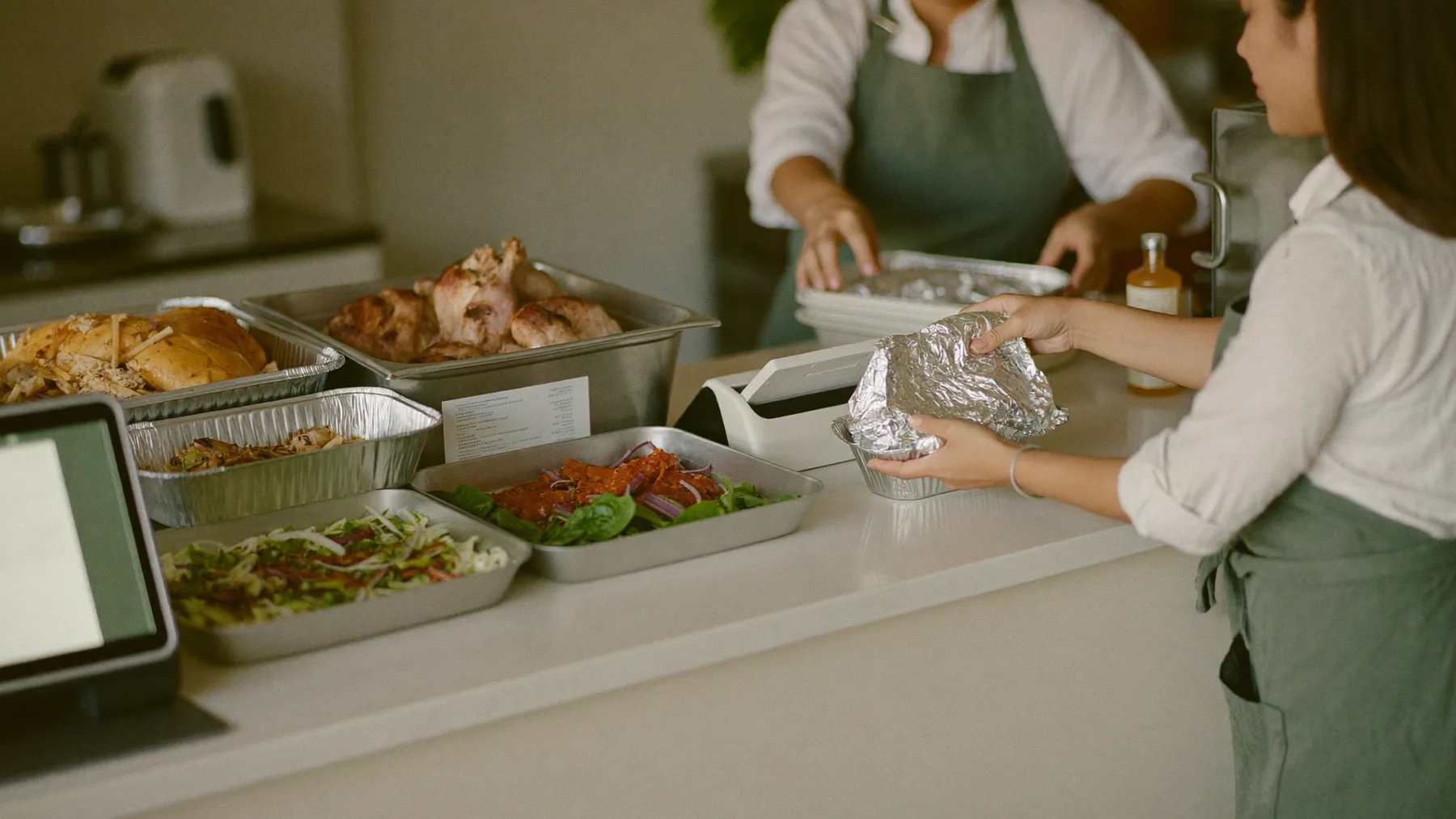 Mostrador de rotisería con bandejas de comida y la entrega de un pedido para llevar