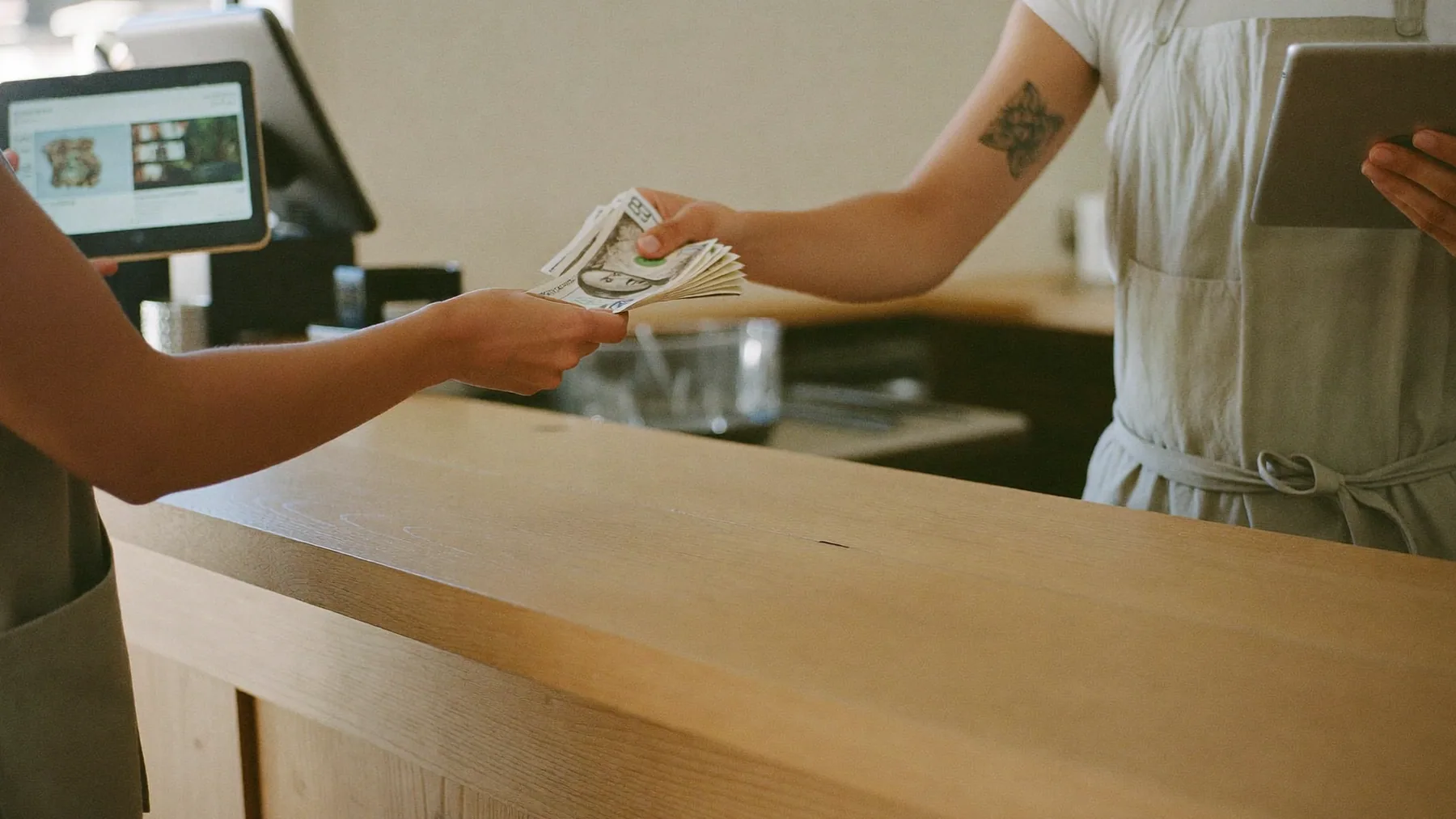 Cliente entregando un pago a cuenta en el mostrador