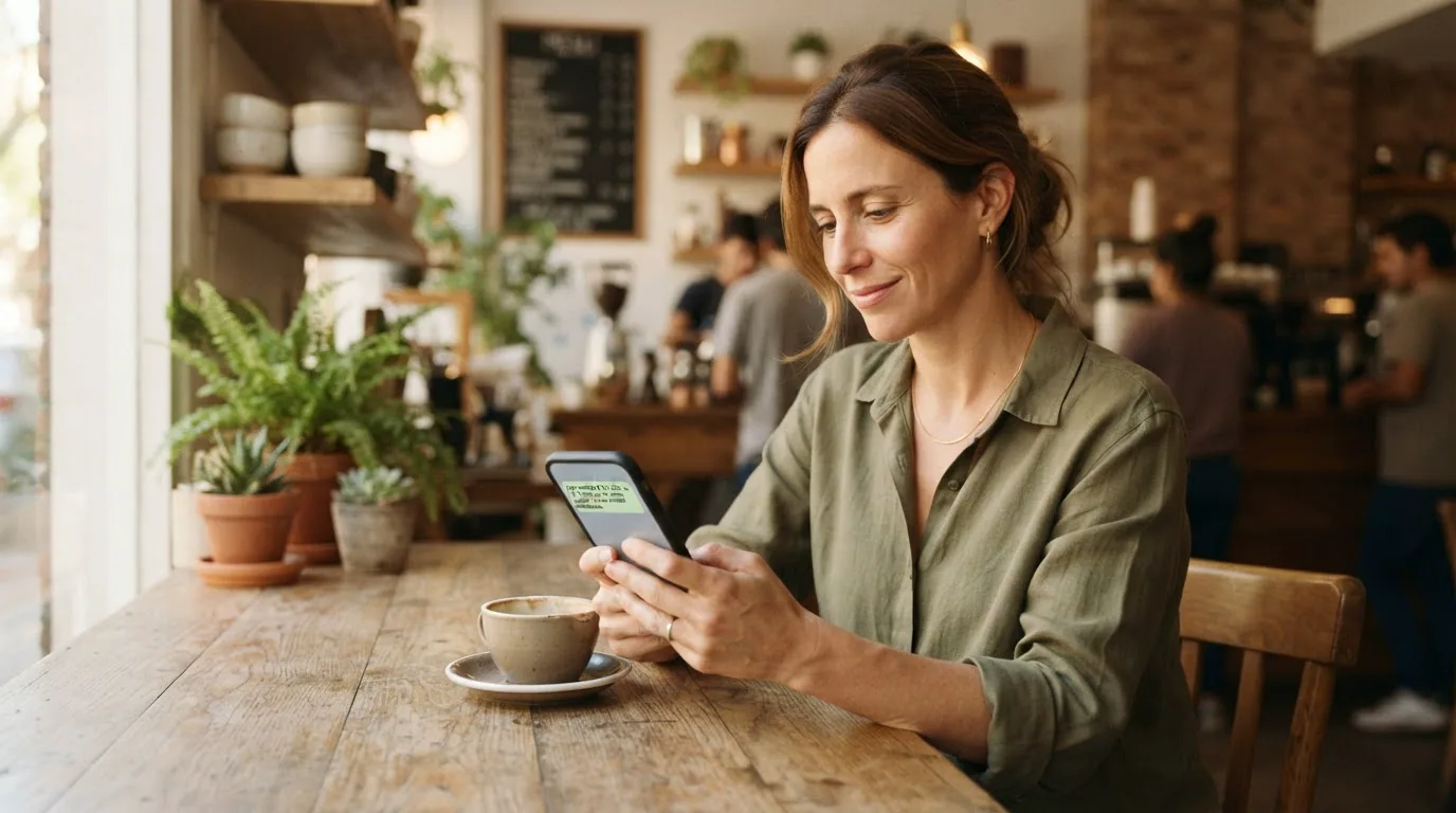 Dueño de un café leyendo en el celular el resumen de ventas que le mandó el agente de Mellysoft