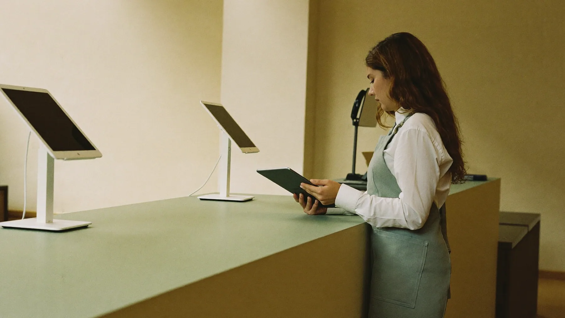 Encargada revisando las cajas de todas las sucursales desde una tablet en el local