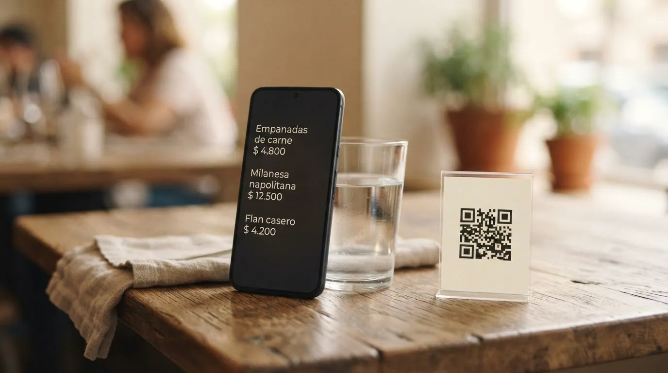 Celular con la carta digital abierta junto al atril con el QR de la mesa