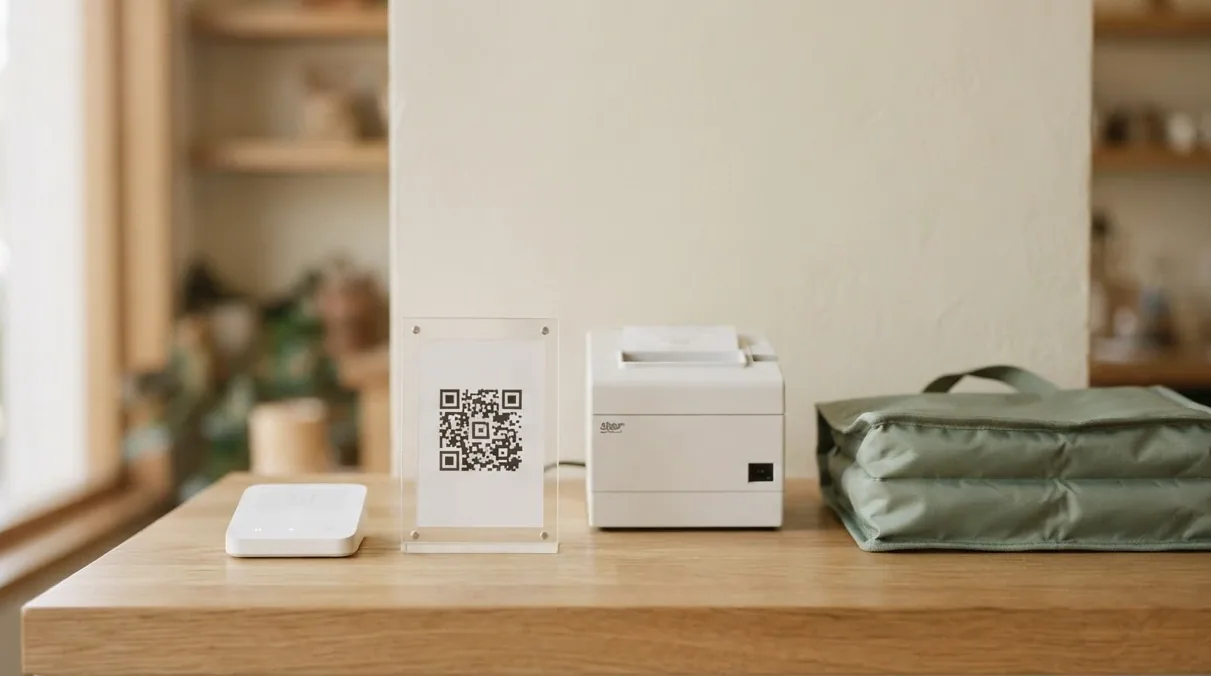 Mostrador con el lector de tarjetas, el QR, la impresora y la bolsa de delivery juntos
