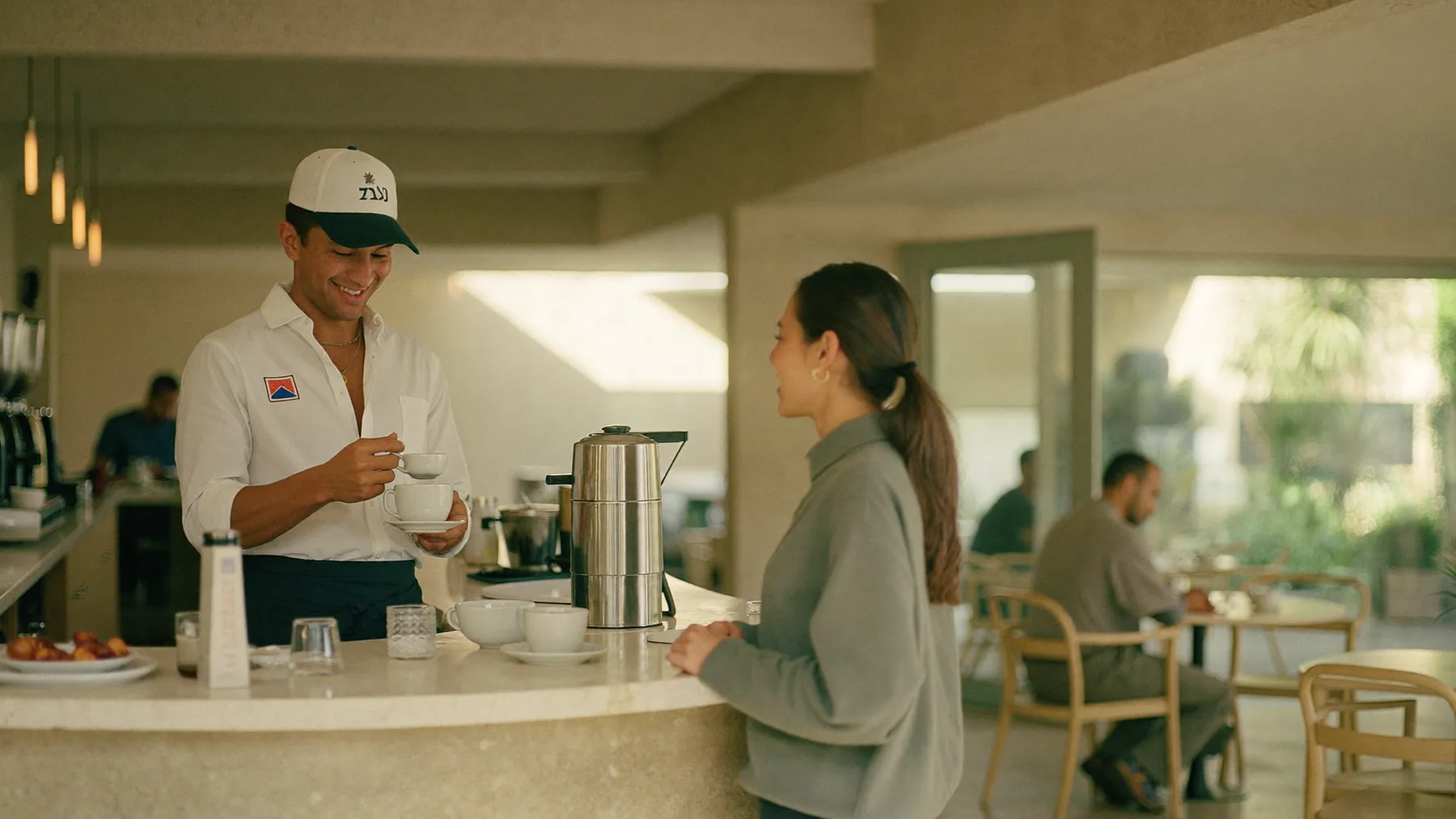 Cafetería llena de clientes habituales, con la barista entregando un café