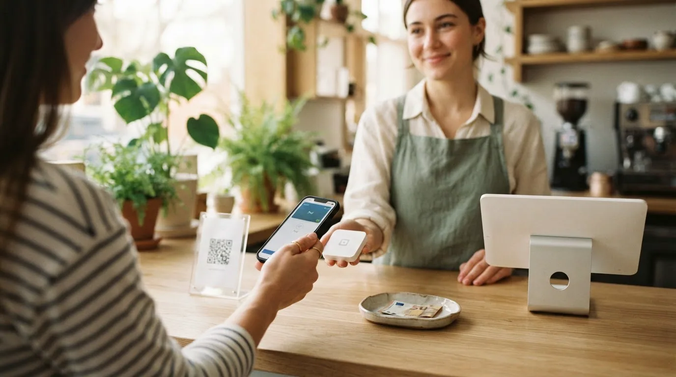 Cliente pagando con el celular en el lector contactless del mostrador, con el QR de Mercado Pago y efectivo a mano