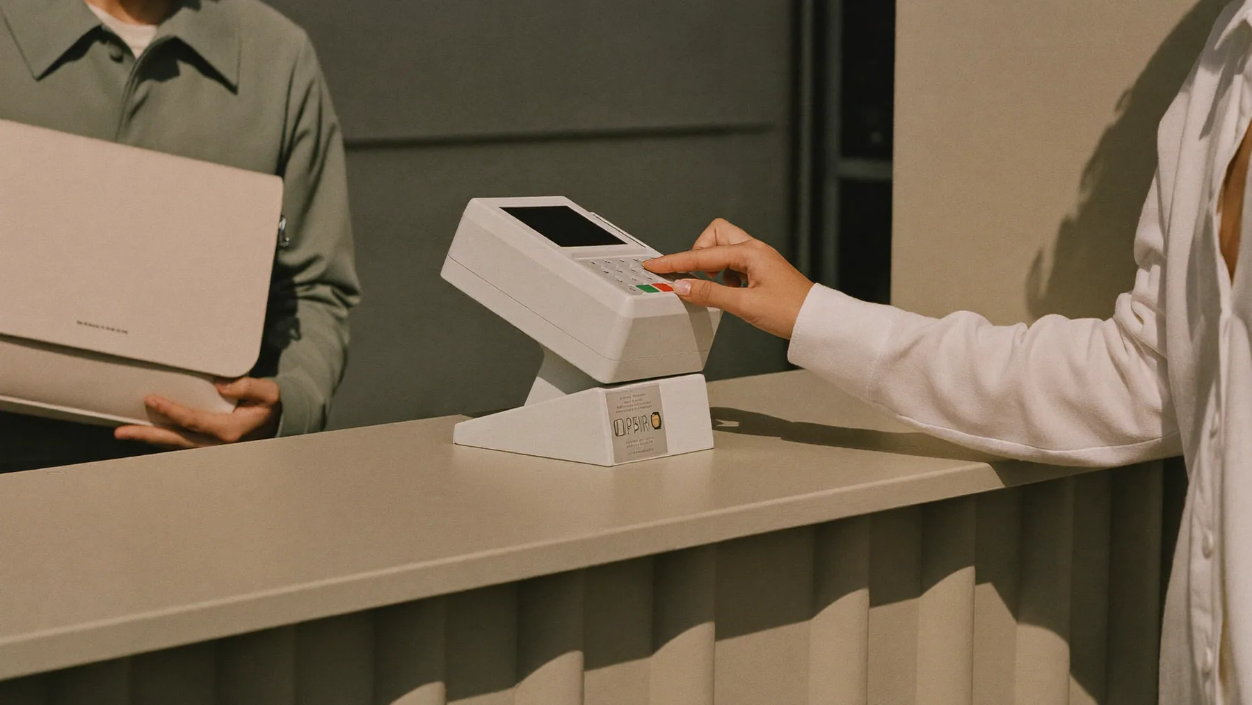 Cliente pagando con tarjeta mientras un repartidor espera su pedido