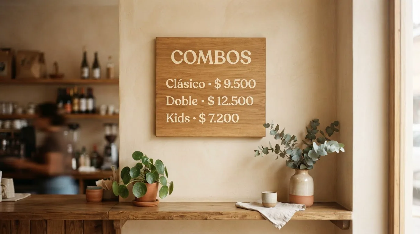 Tablero de madera con los combos del local y sus precios