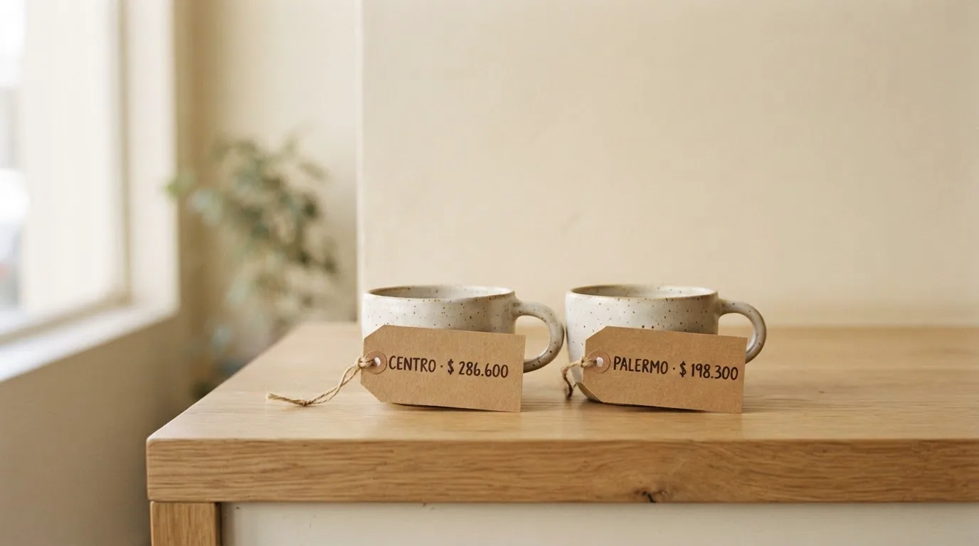 Dos tazas de café con etiquetas de sucursal y sus ventas del mes