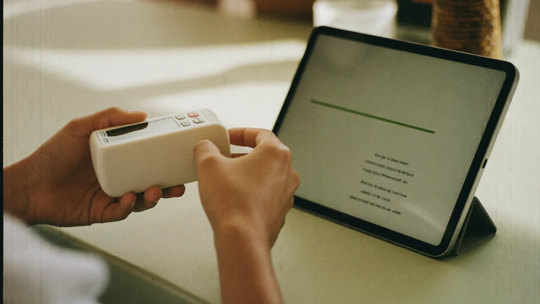 Manos conectando un lector de tarjetas a la tablet de la caja