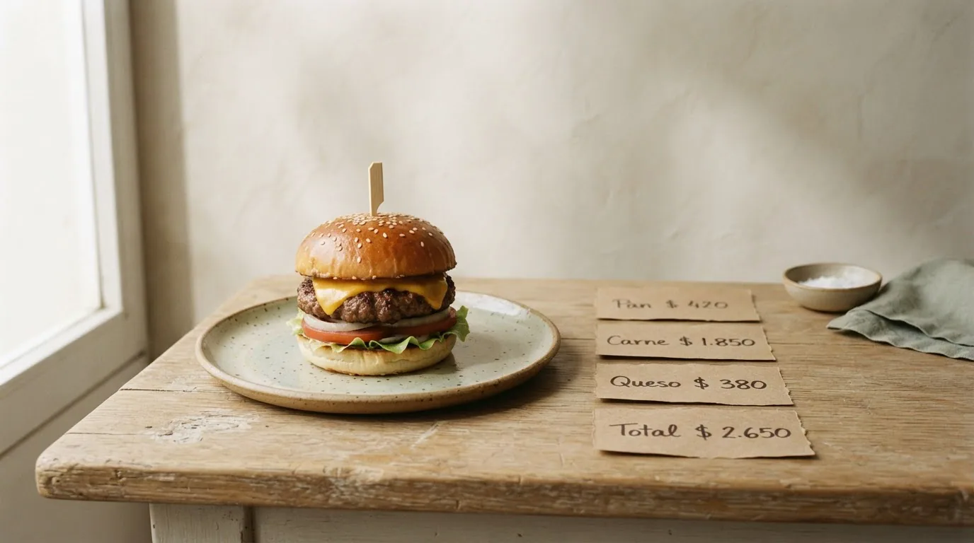 Hamburguesa con las tarjetas del costo de cada ingrediente y el total