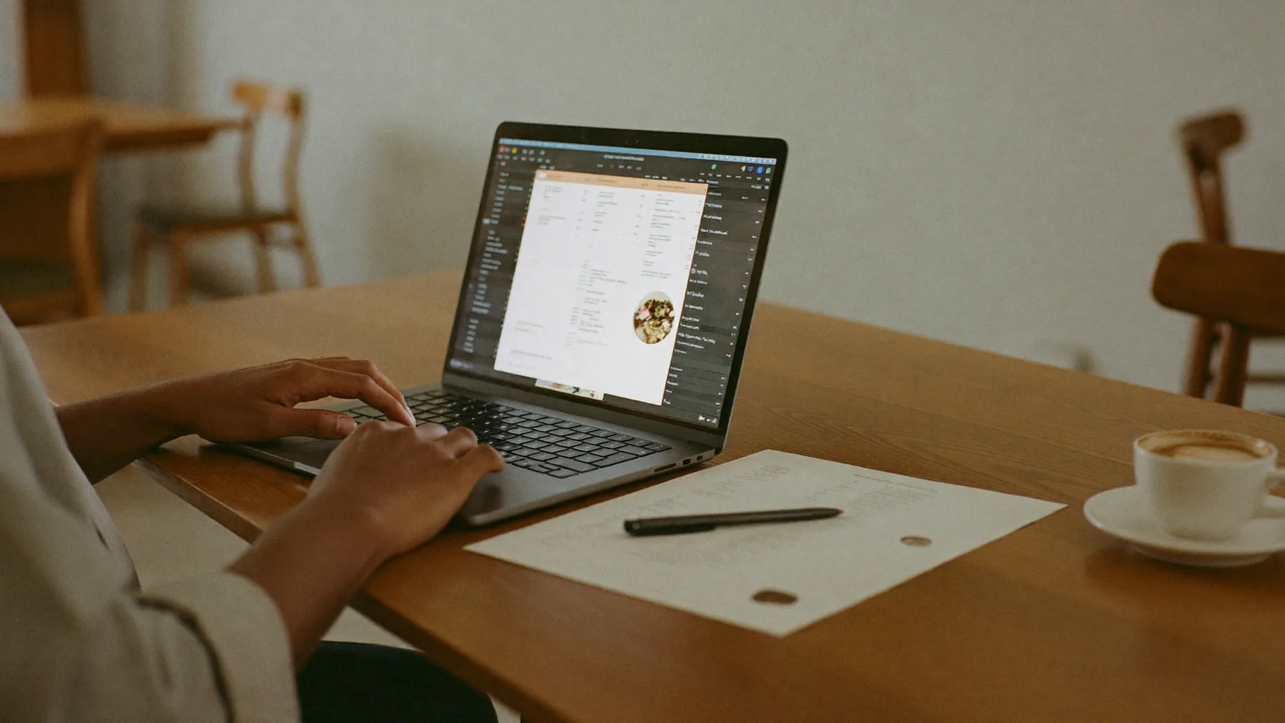 Dueño actualizando los precios de la carta desde su laptop, con la carta impresa al lado