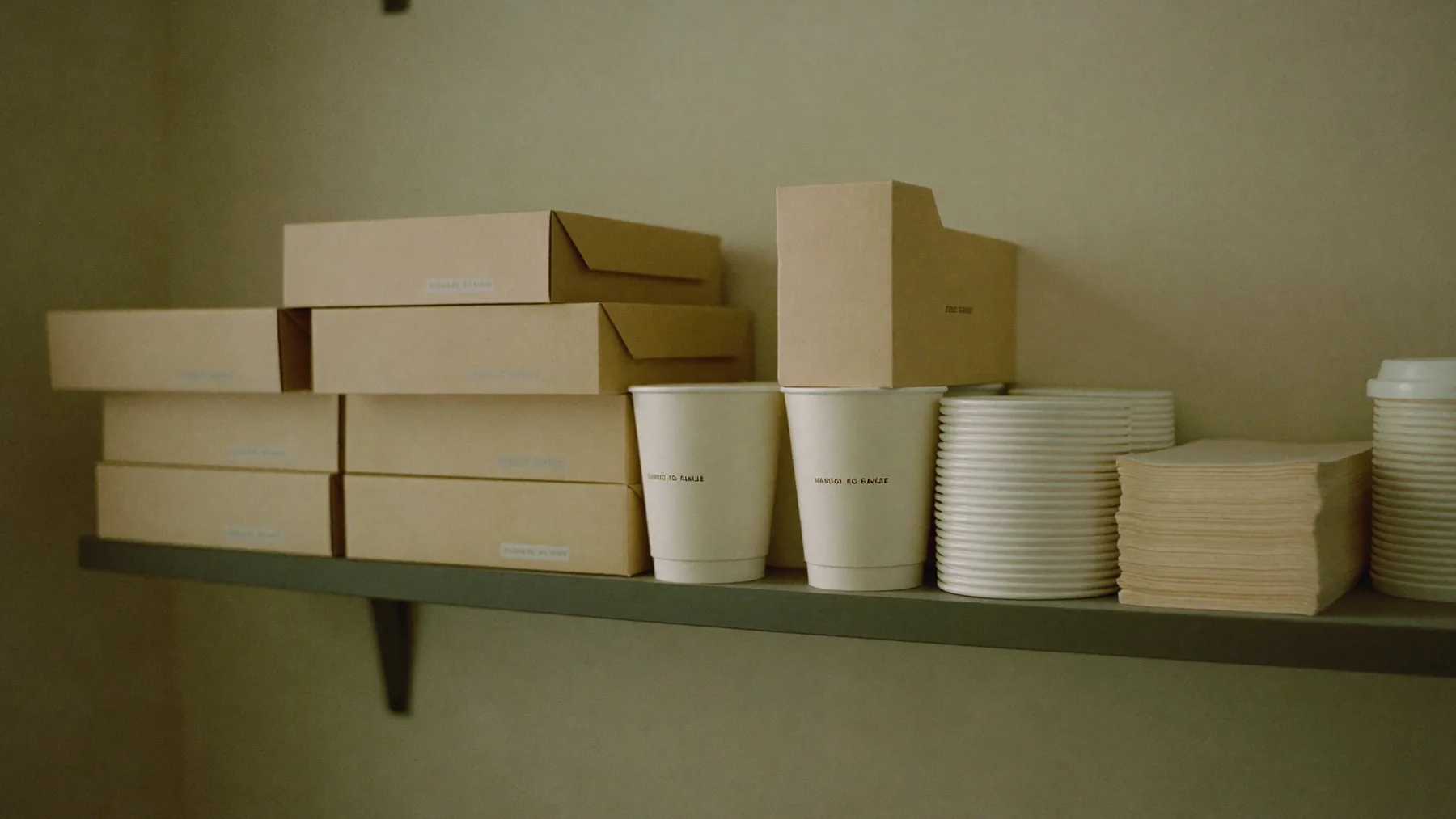 Estante con empaques ordenados: cajas kraft, vasos y tapas