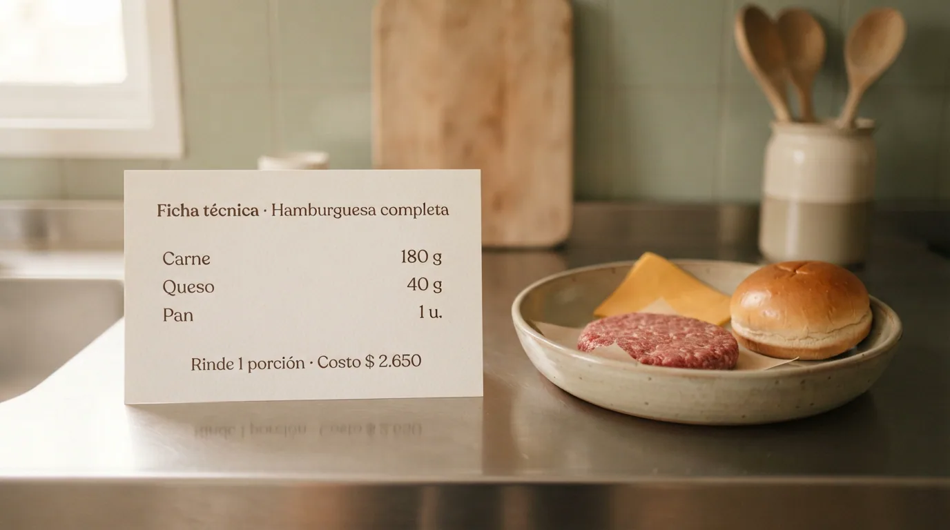 Ficha técnica impresa de una hamburguesa con sus ingredientes y rendimiento