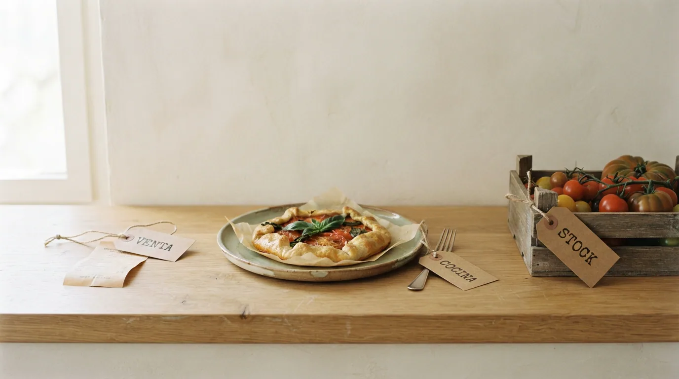 Tres objetos en fila con etiquetas venta, cocina y stock: ticket, plato y cajón de tomates