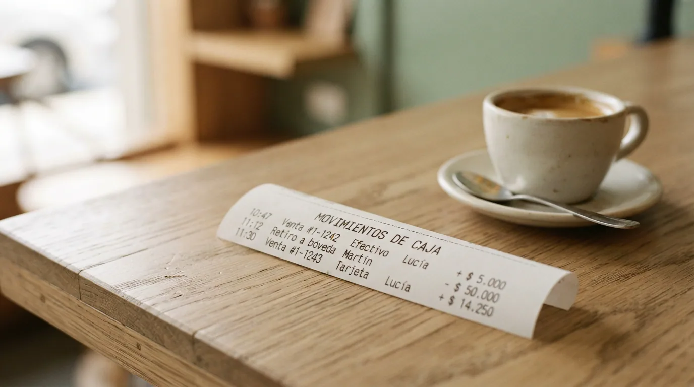 Ticket impreso con el historial de movimientos de caja, con hora y usuario