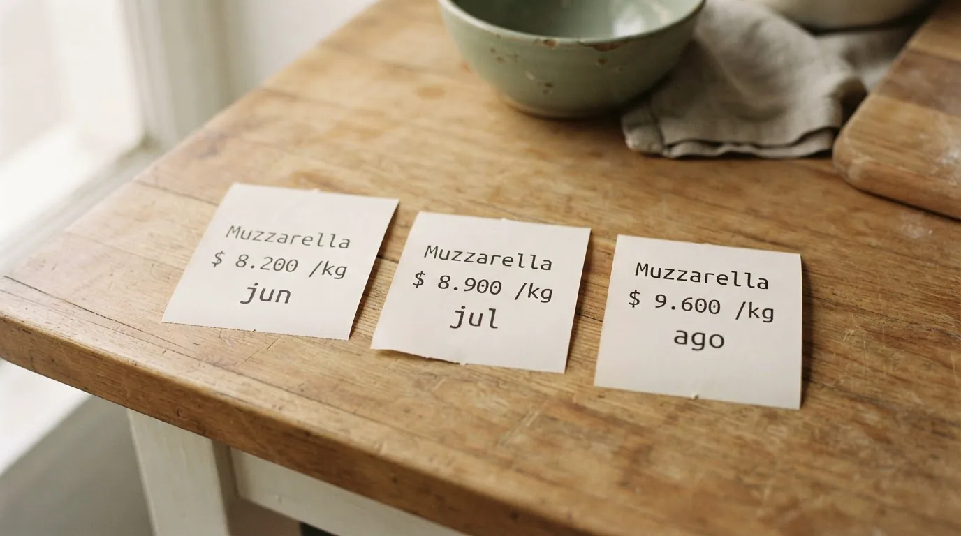 Tres tickets de compra de muzzarella mostrando la suba de precio mes a mes