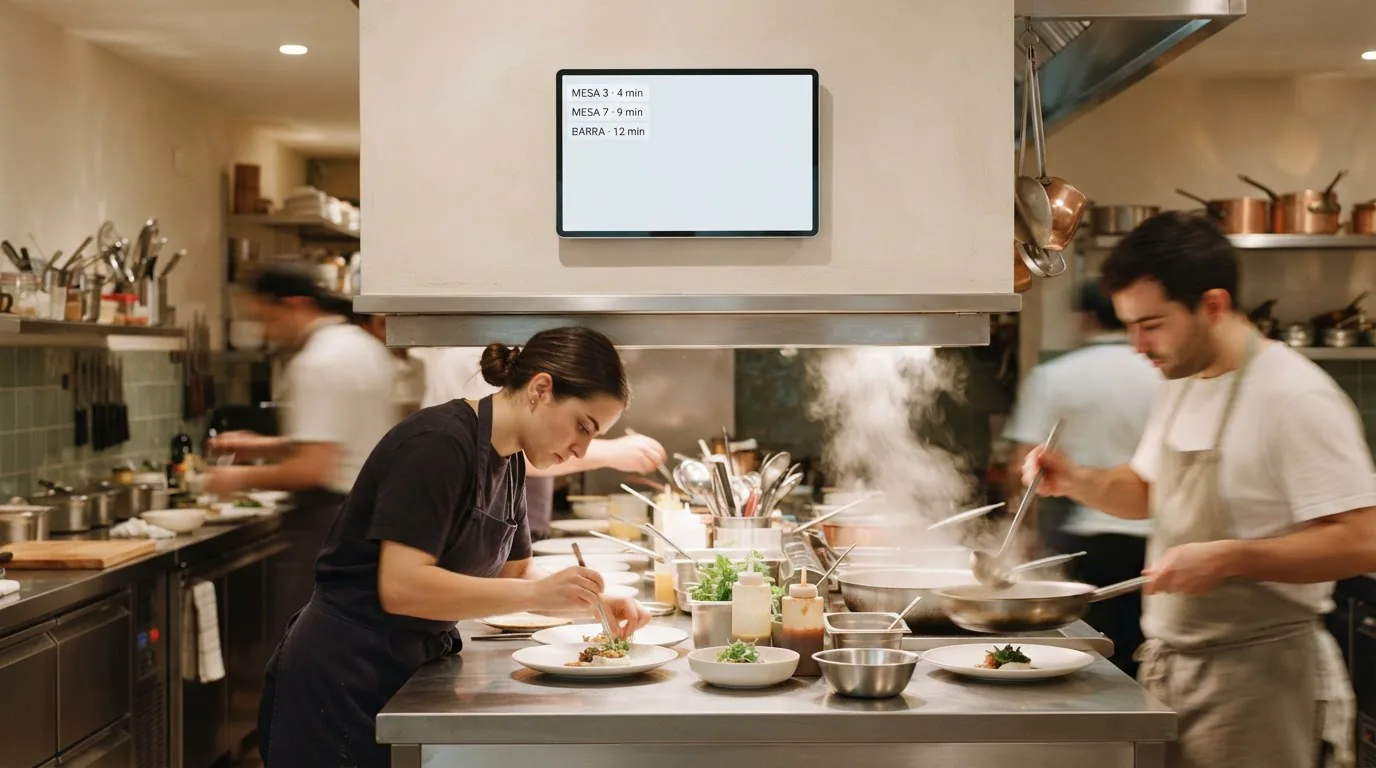 Cocina en servicio con la pantalla de comandas montada sobre la línea