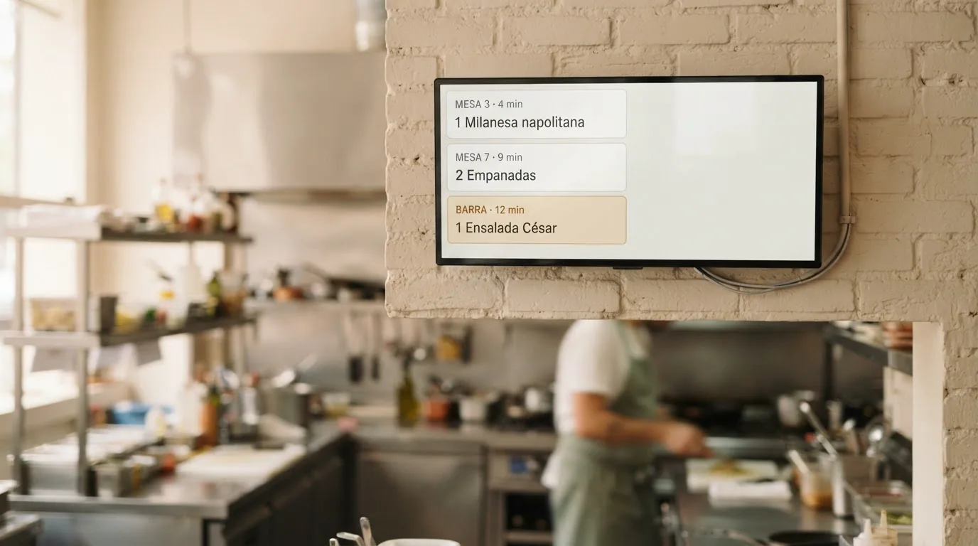 Pantalla de cocina con las comandas en curso y sus tiempos