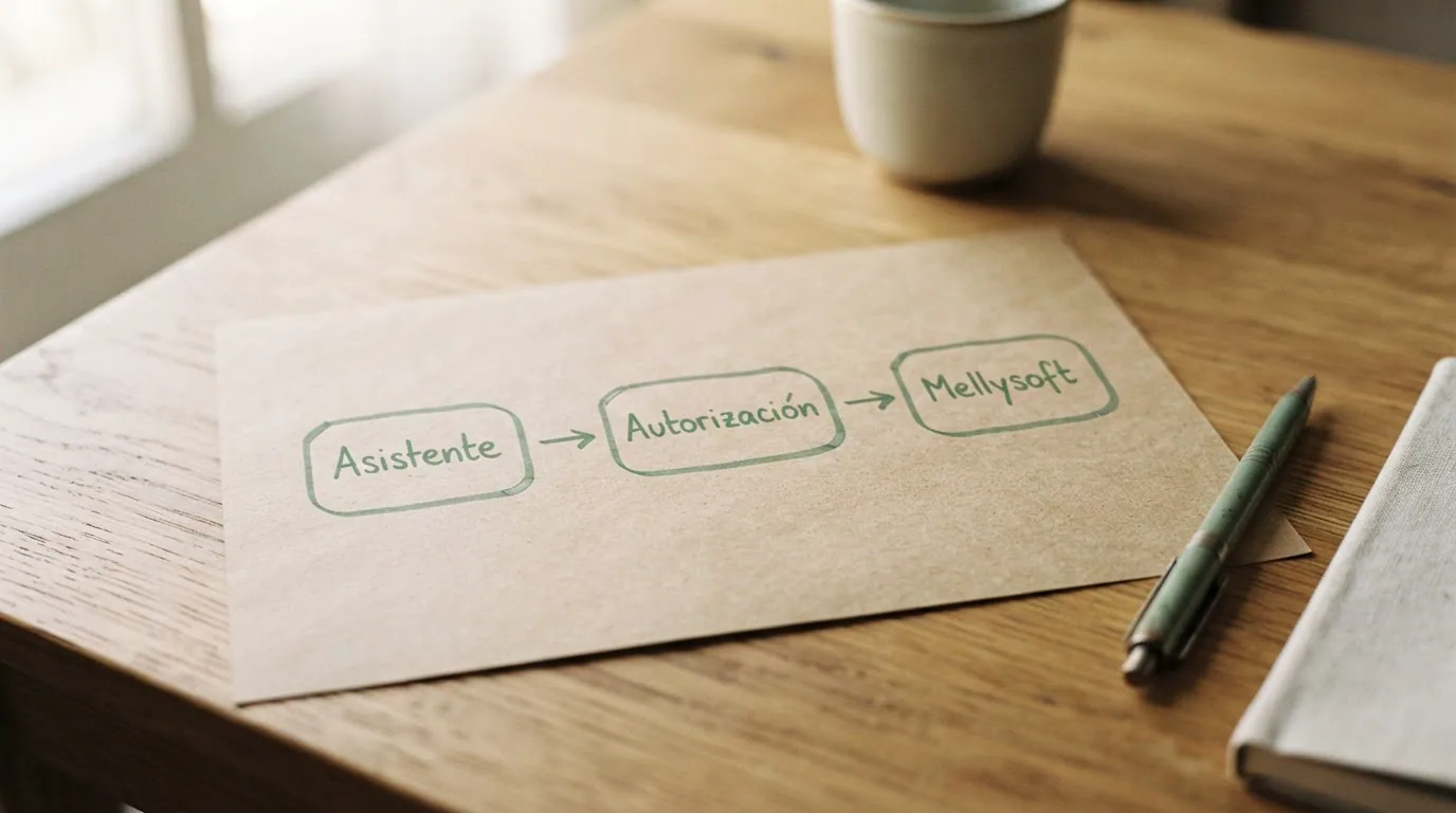 Diagrama dibujado a mano: asistente, autorización y Mellysoft