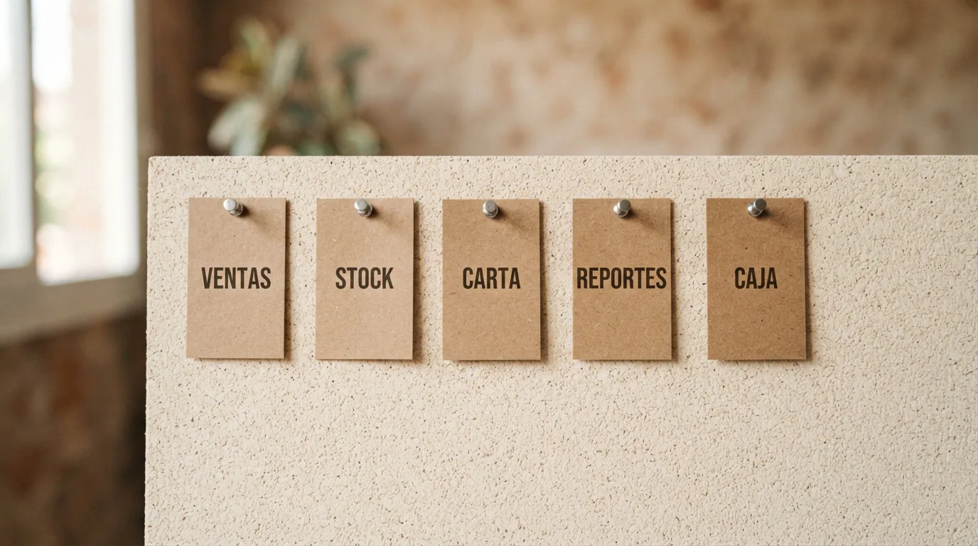 Tablero con etiquetas de las herramientas que expone el MCP: ventas, stock, carta, reportes y caja