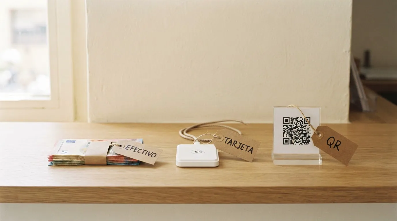 Efectivo, lector de tarjeta y QR alineados con sus etiquetas para el cierre de caja