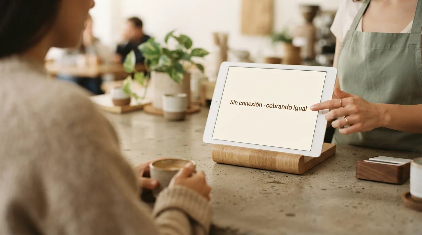 Tablet de caja cobrando sin conexión, con el aviso de sin conexión en pantalla
