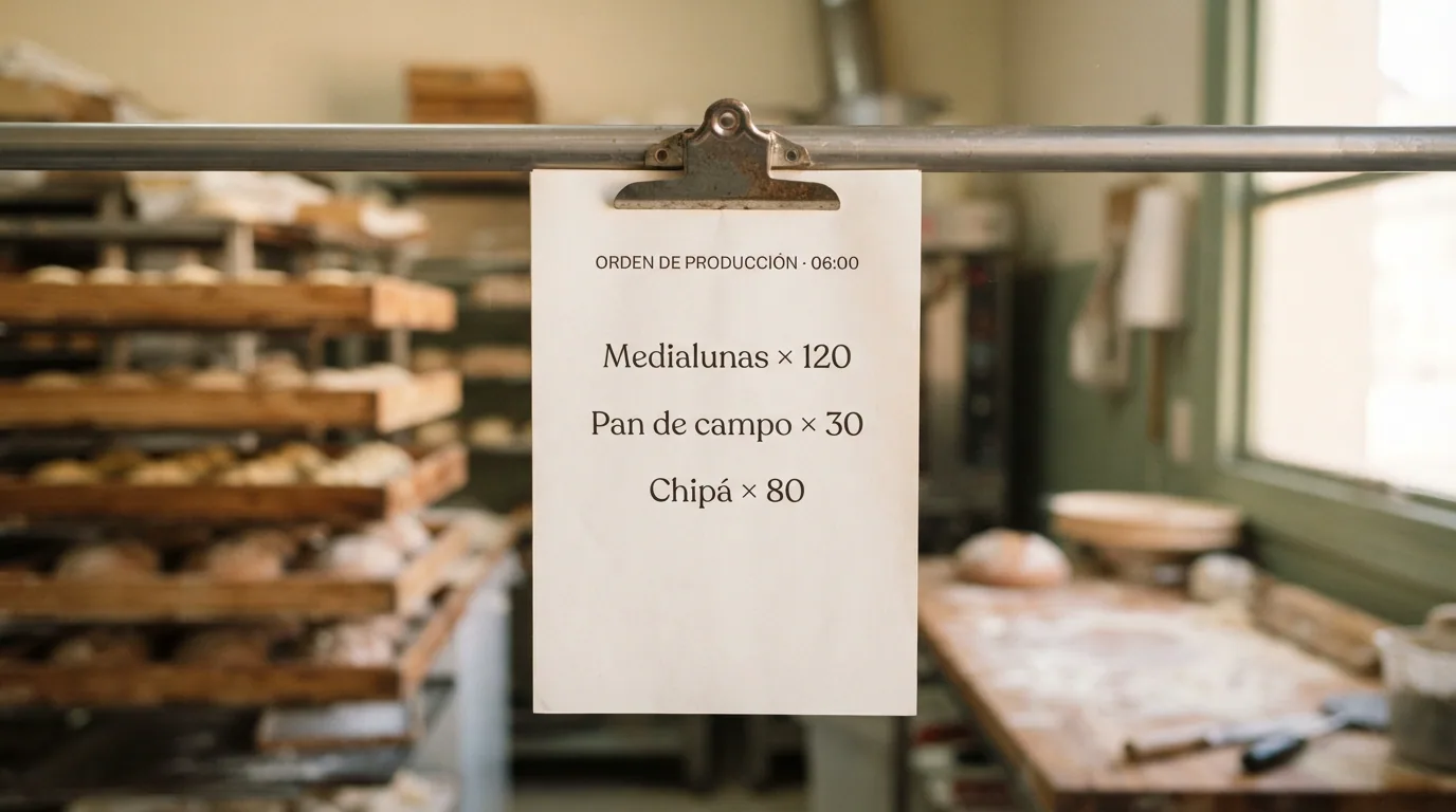 Orden de producción impresa colgada en la panadería