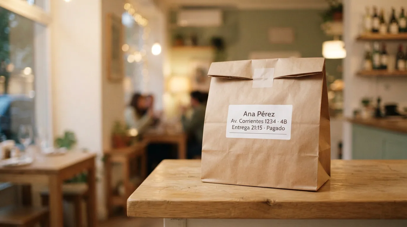 Bolsa de delivery con la etiqueta del cliente: nombre, dirección y hora
