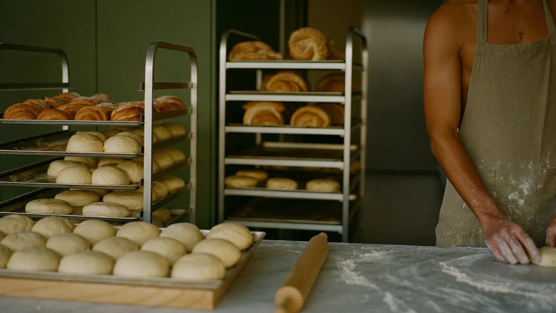 Panadería al amanecer con las bandejas del día y el panadero trabajando