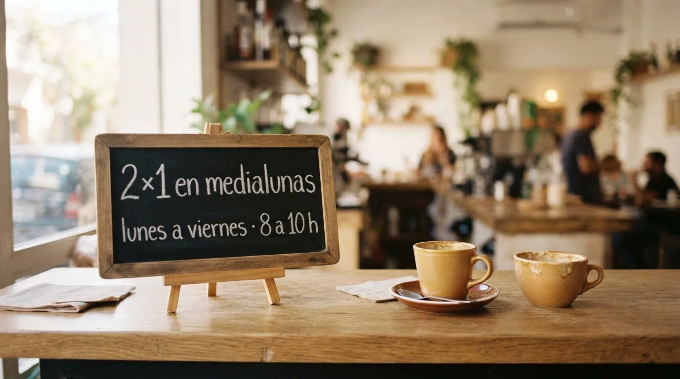 Pizarra en el mostrador con la promoción 2x1 en medialunas