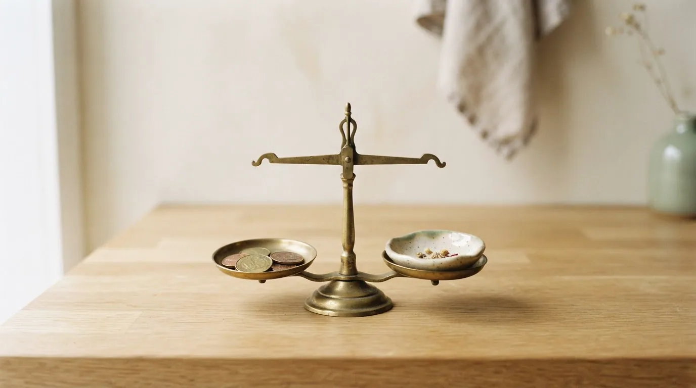 Balanza de latón en equilibrio: monedas de un lado, un plato del otro