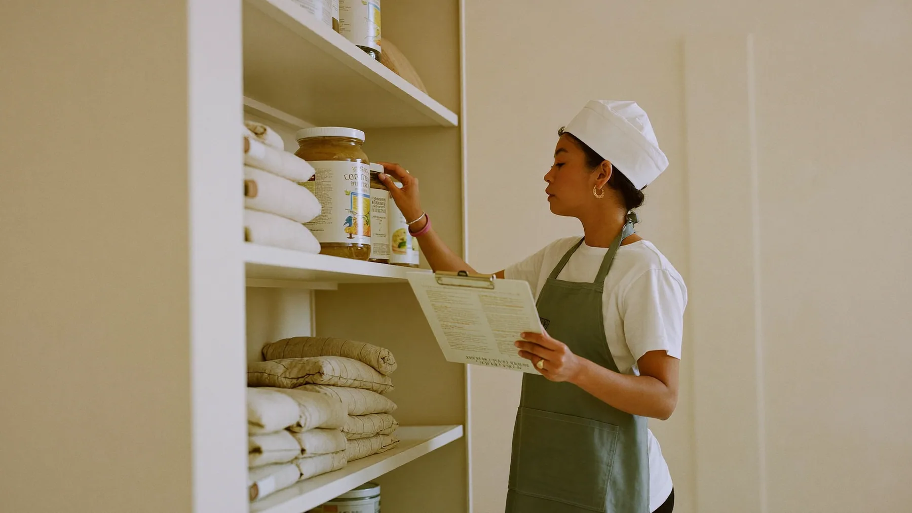 Cocinero contando el stock del depósito con una planilla