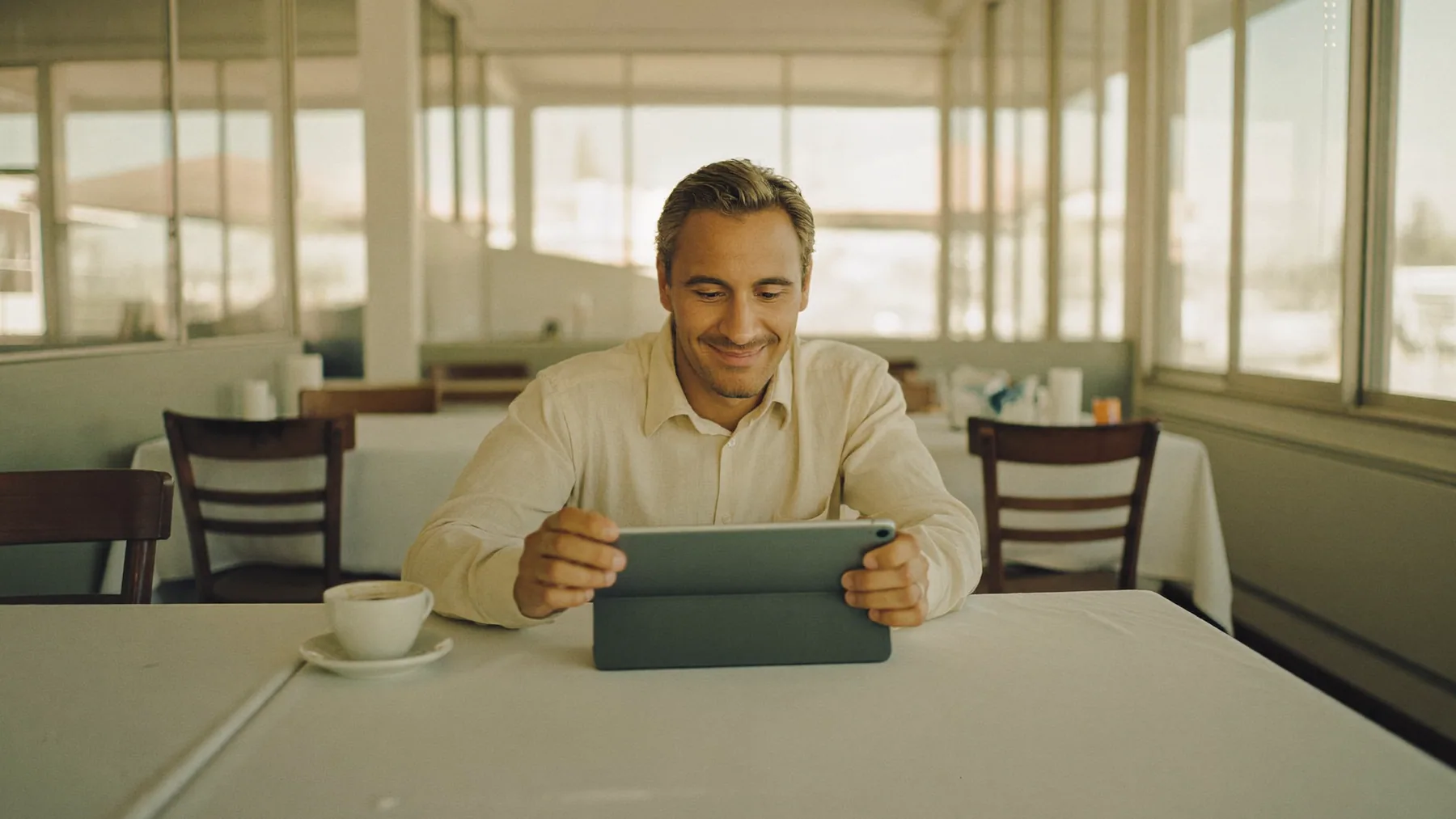 Dueño de restaurante tranquilo revisando el resultado del mes en una tablet en su local vacío