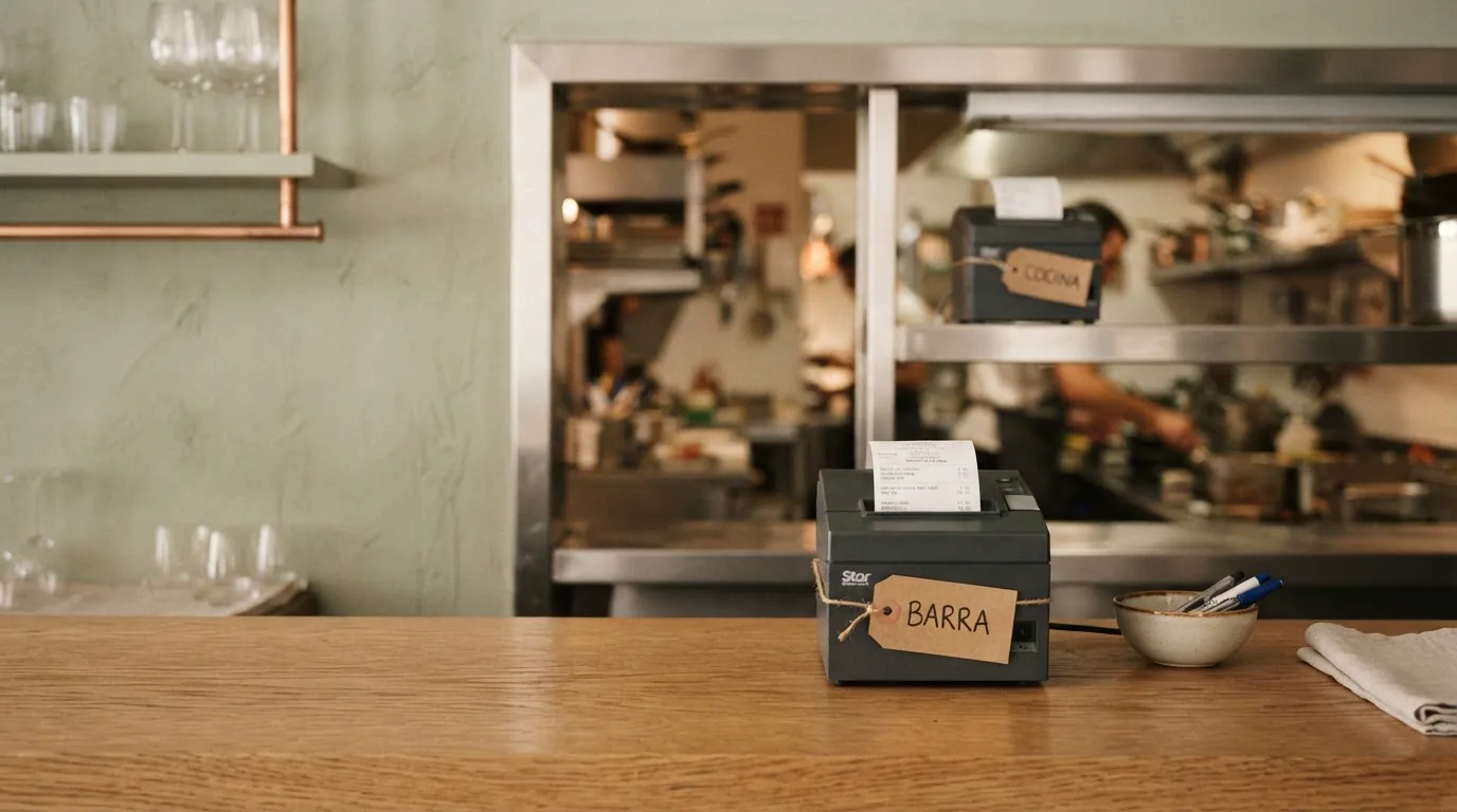 Dos impresoras de comandas, una en la barra y otra en la cocina, con sus etiquetas