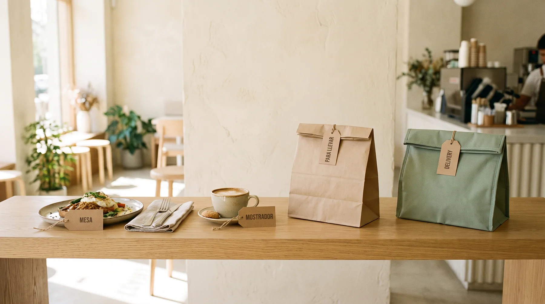 Los cuatro tipos de servicio sobre un mostrador: un plato con etiqueta mesa, un café con etiqueta mostrador, una bolsa de papel para llevar y una bolsa térmica de delivery