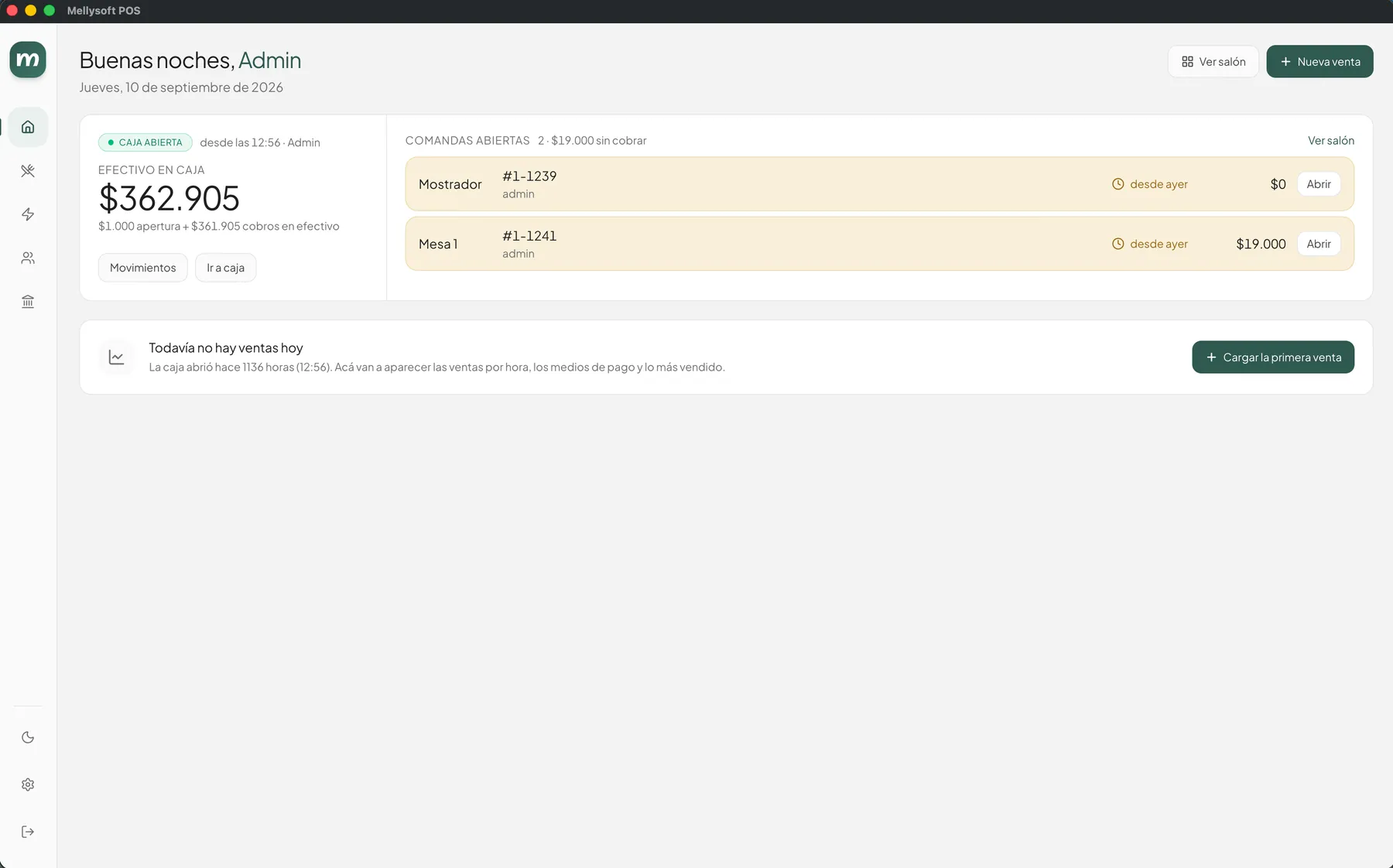 Inicio del POS de escritorio de Mellysoft: caja abierta con efectivo en caja y comandas abiertas sin cobrar