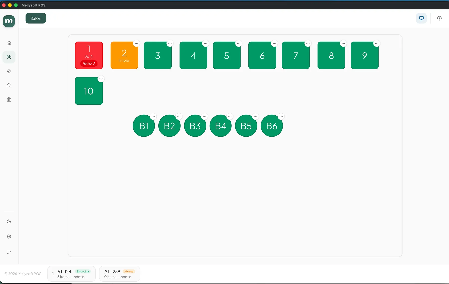 Mapa de mesas del POS de Mellysoft: mesas ocupadas, por limpiar y libres, y puestos de barra