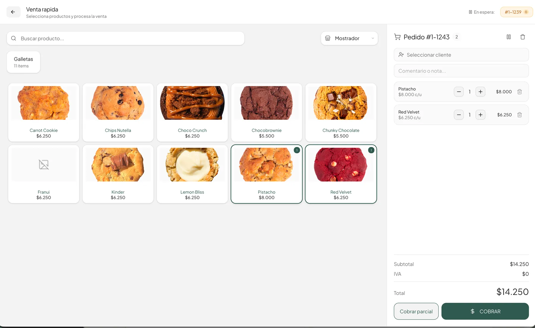 Venta rápida en el POS de Mellysoft: grilla de productos con foto, pedido a la derecha y botón de cobrar