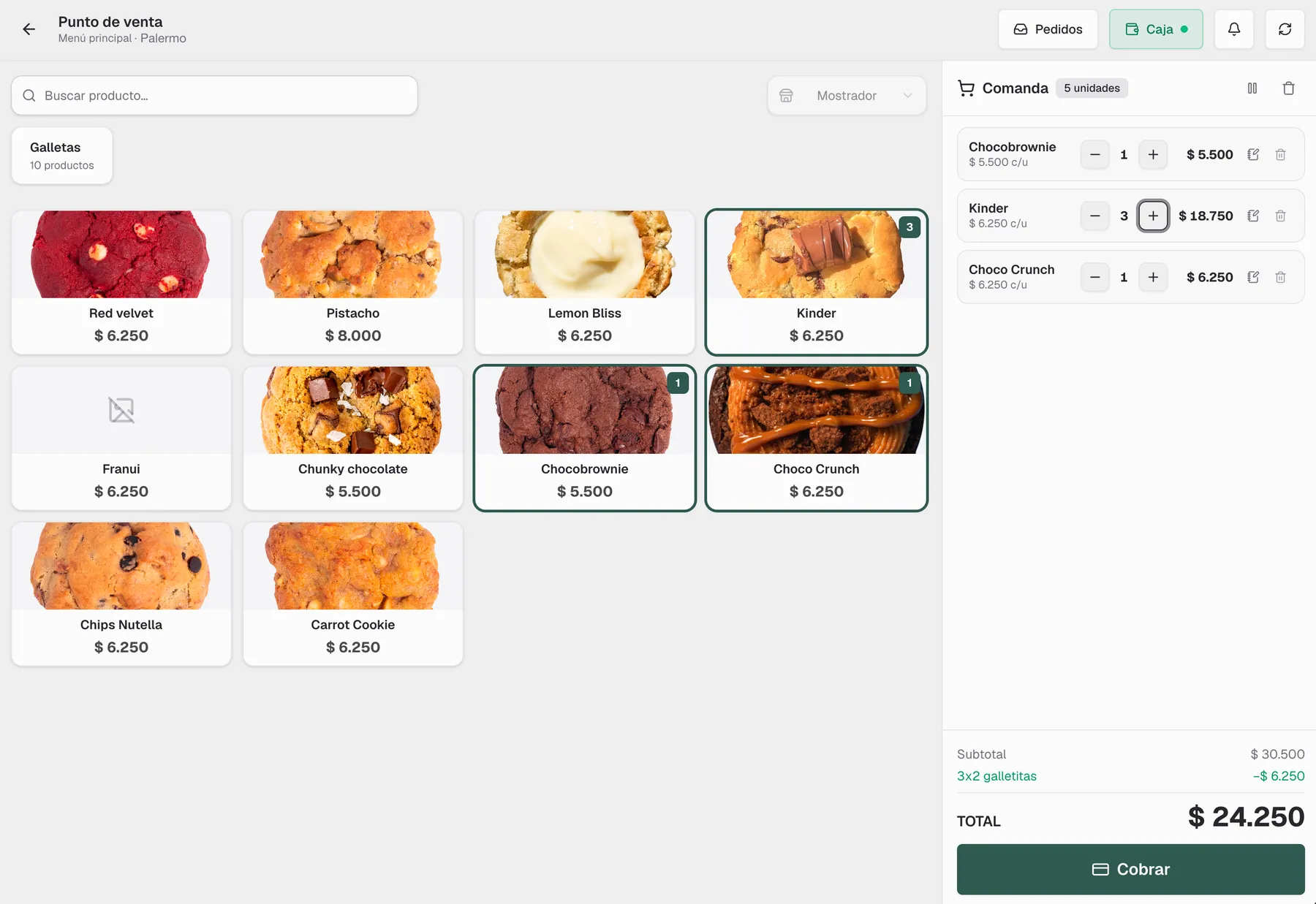 POS web de Mellysoft con una promo 3x2 de galletitas aplicada automáticamente sobre el total de la comanda